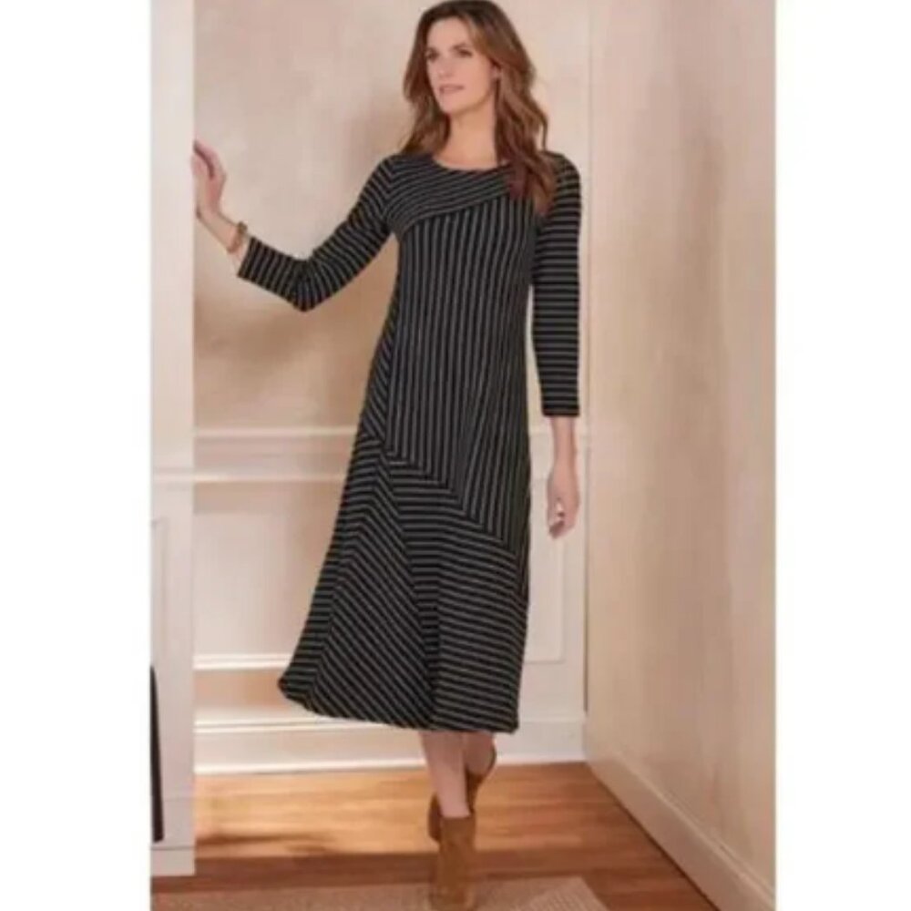 Soft Surroundings Ribbed Knit Black Stripe Thori Midi Dress (6)